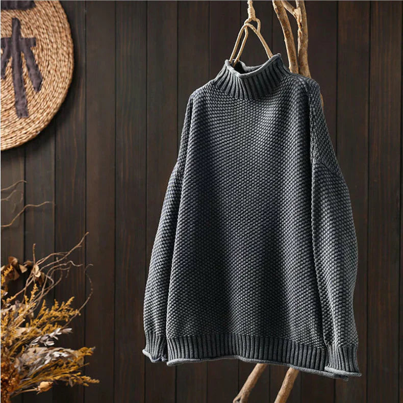 Pull Oversize Femme Nordisk Flair Maille Gaufrée Col Montant Dolman Manches Bord Côtelé