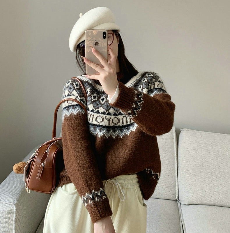 Damen Grobstrickpullover mit zeitgenössischen Norweger-Mustern Amawinc