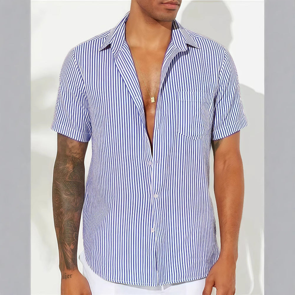 Chemise Homme À Rayures En Mélange De Coton Manches Courtes Coupe Décontractée Pour Style Quotidien