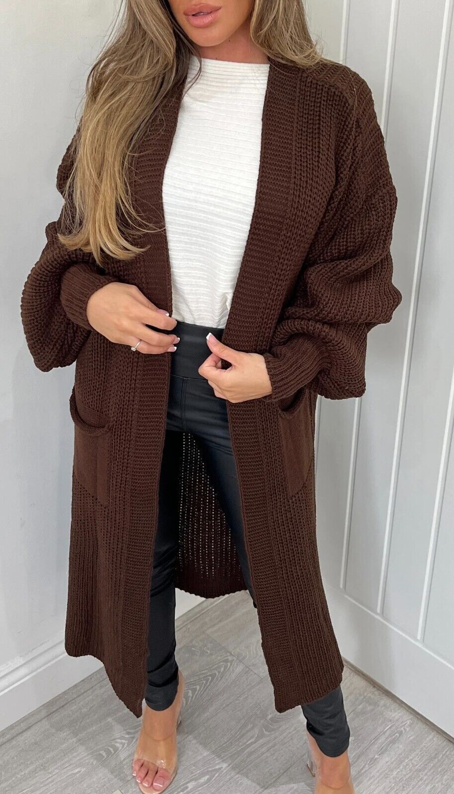 Damen Langstrickjacke mit grober Maschenstruktur und praktischen Taschen Amawinc