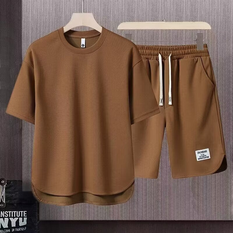 Ensemble Lounge Décontracté Pour Homme En Coton Avec T Shirt Manches Courtes Et Short Longueur Genou Pour L'Été