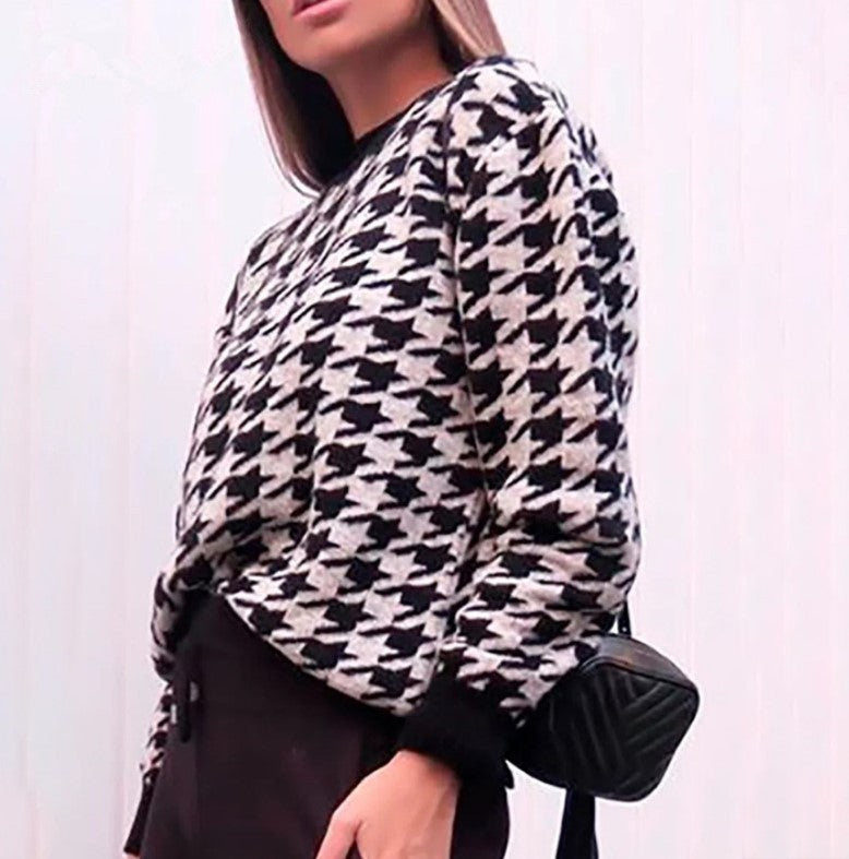 Damen Grobstrickpullover mit modernem Hahnentrittmuster und lässigem Schnitt Amawinc