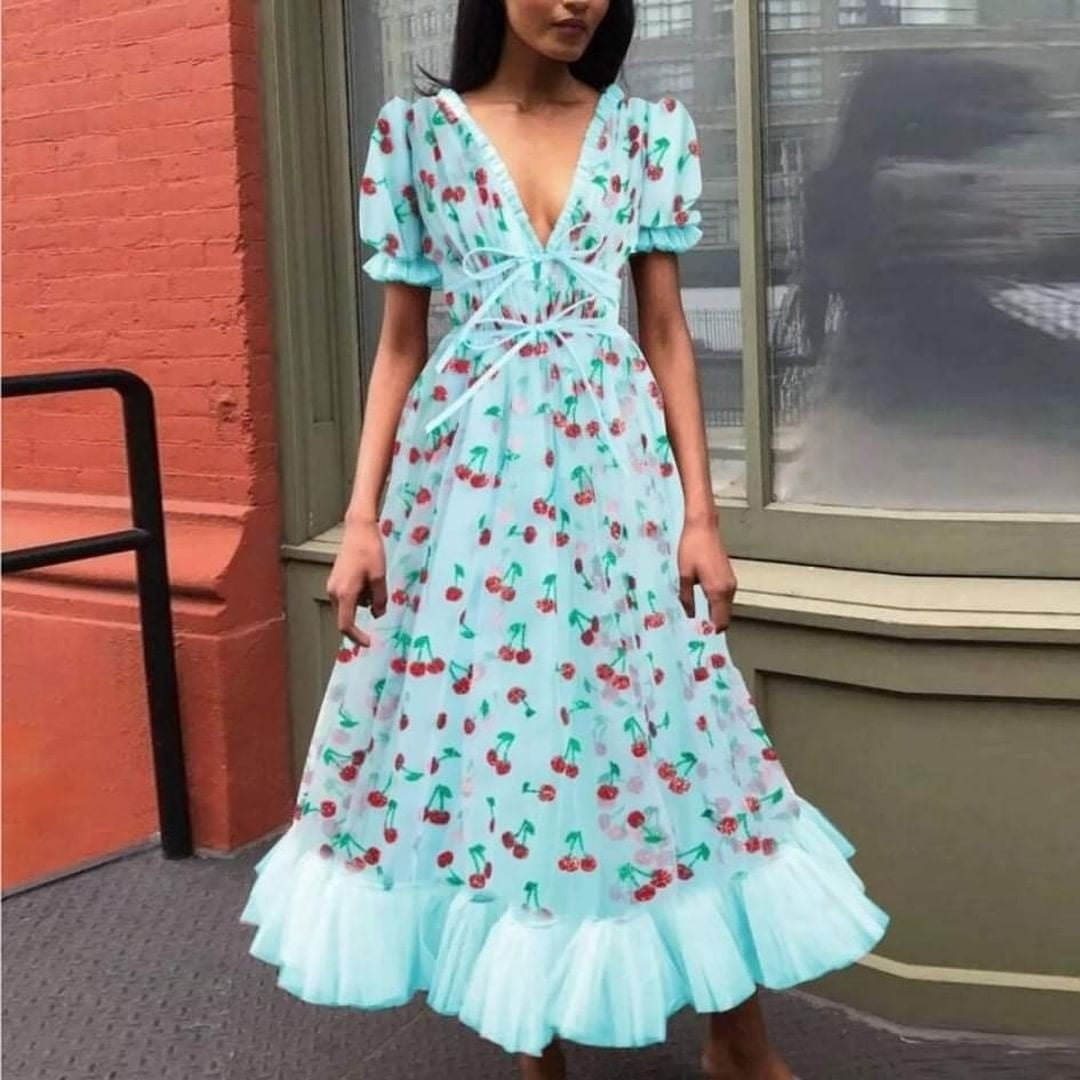 Modisches Sommer-Mesh-Kleid mit Knoten und Rüschen von Fudus