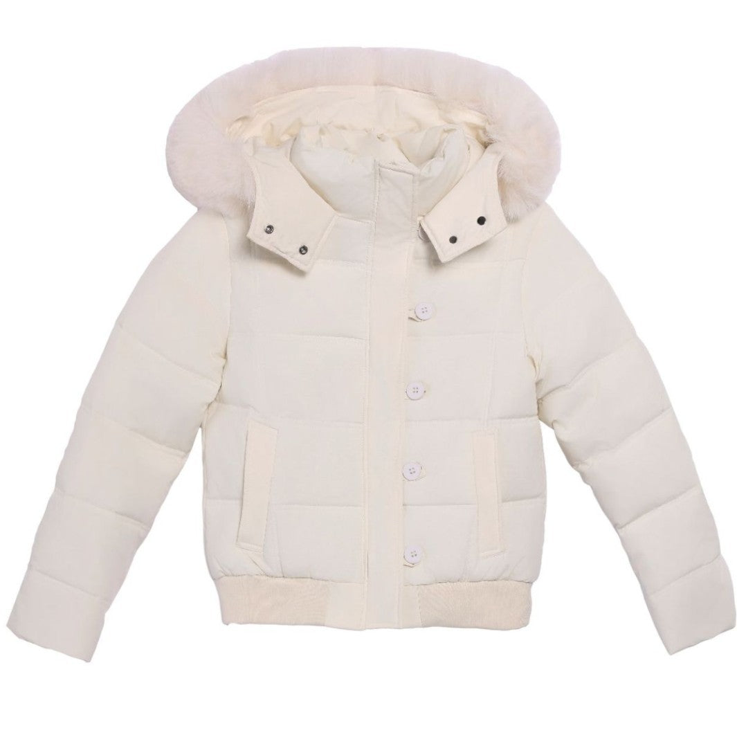 Damen Stylische Jacke mit abnehmbarem Kunstfellkragen und Knopfdetails Amawinc