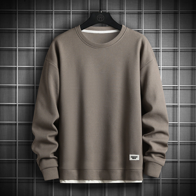 Sweatshirt Col Ras Du Cou En Tricot Gaufre À Manches Longues Coupe Décontractée Avec Poignets Et Ourlet Pour Hommes