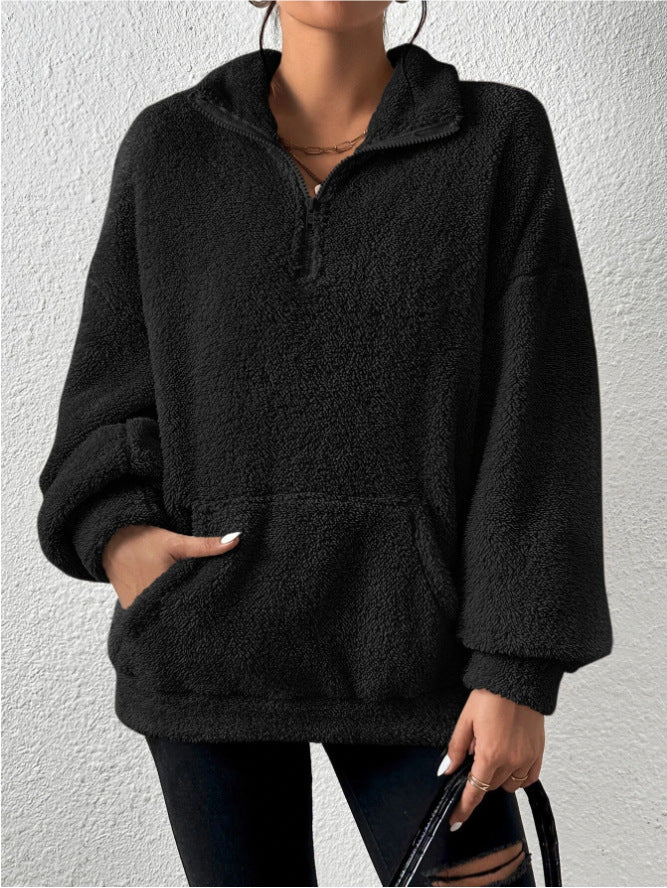 Damen Kuscheliger Fleece-Pullover mit Stehkragen und Eingrifftaschen Amawinc