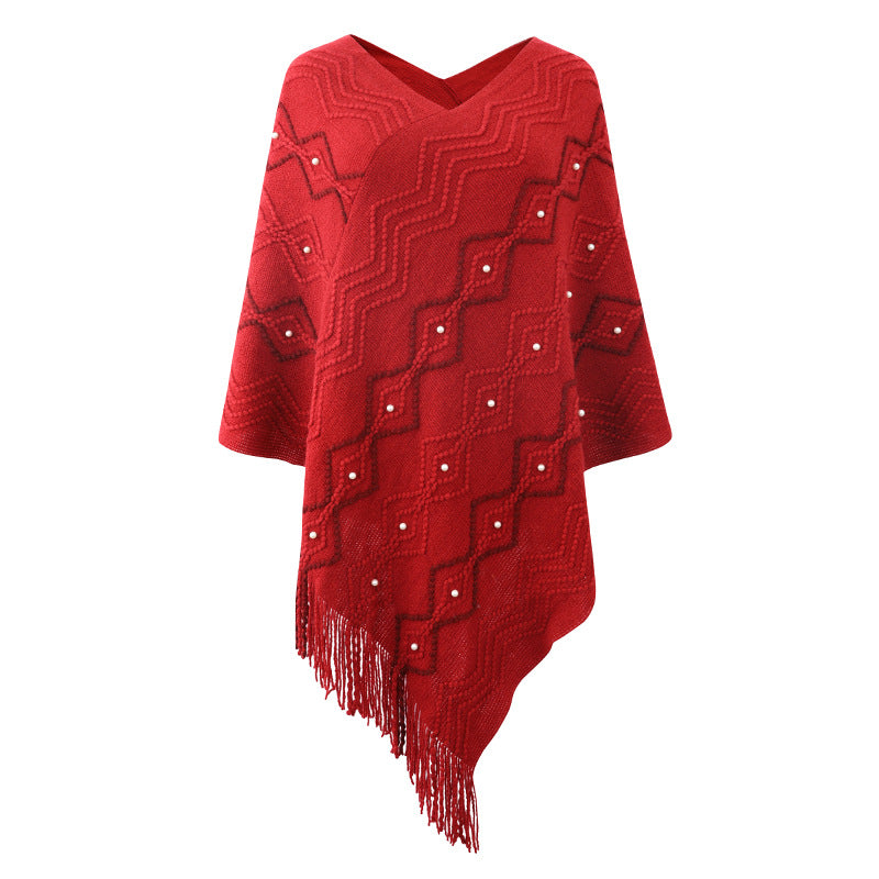 Damen eleganter Poncho mit auffälligem Strukturmuster und dekorativen Fransen Amawinc