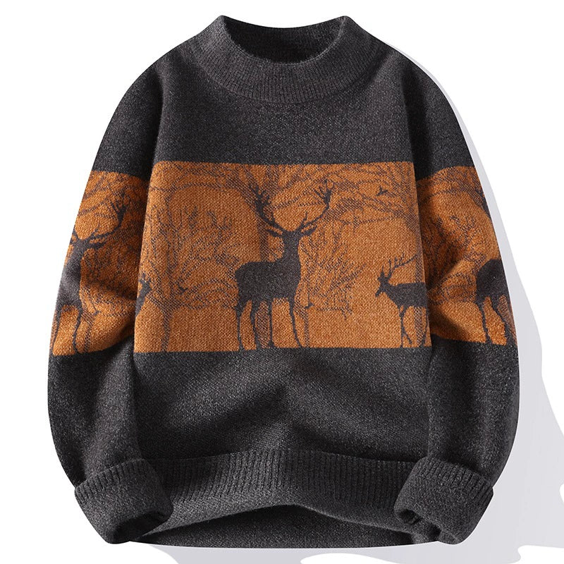 Pull Homme Maille Coupe Décontractée Col Montant Bord Côtelé Motif Cerf Style Nordique Chaud