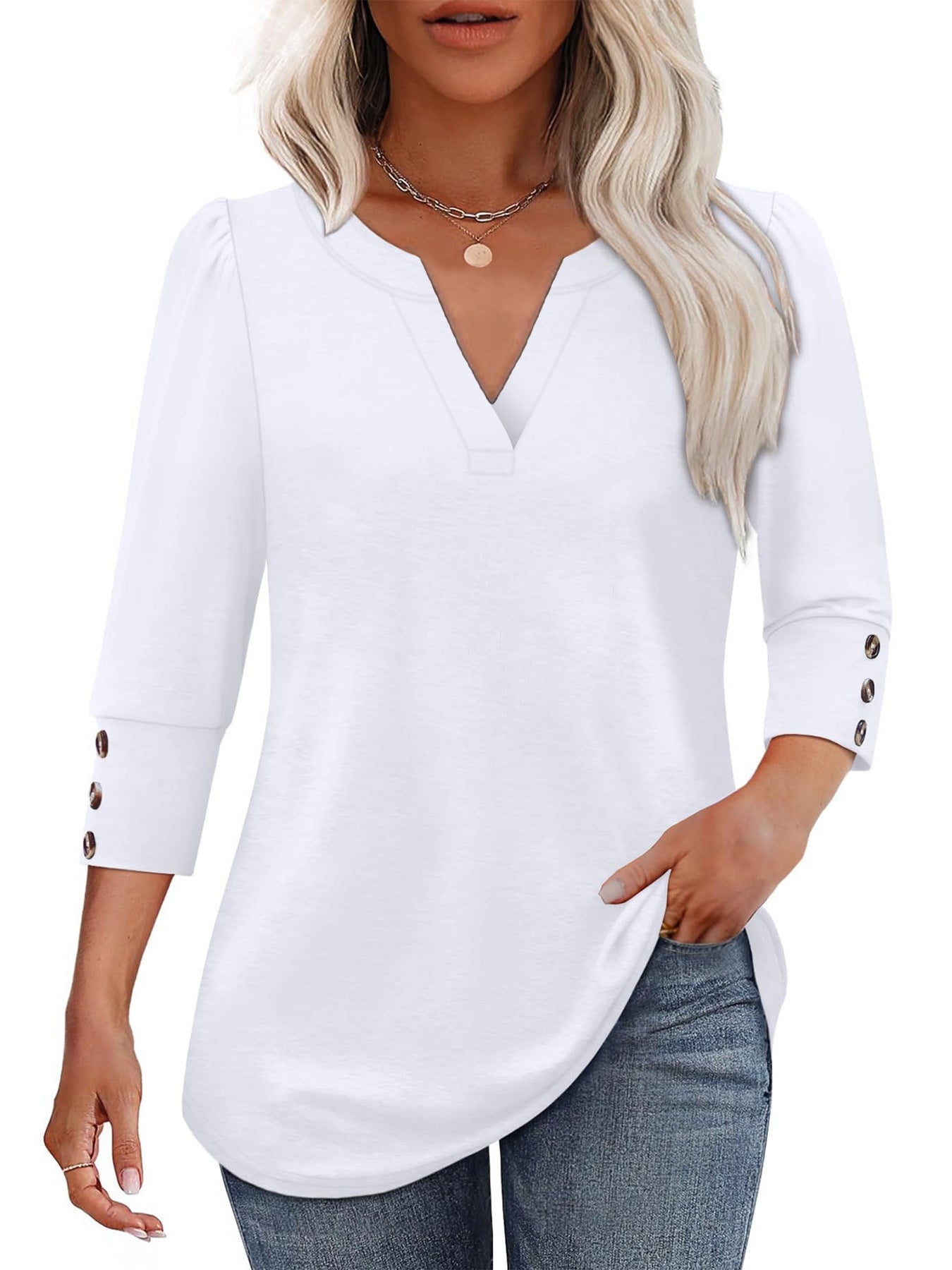 Damen V-Ausschnitt Bluse mit dekorativen Knopfdetails Amawinc