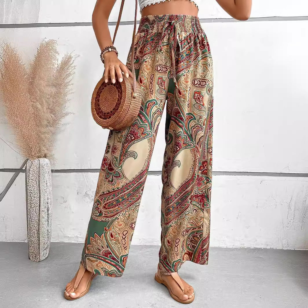 Pantalon Large À Jambe Évasée Pour Femme Coupe Décontractée Imprimé Boho Léger Drapé Et Taille Elastique