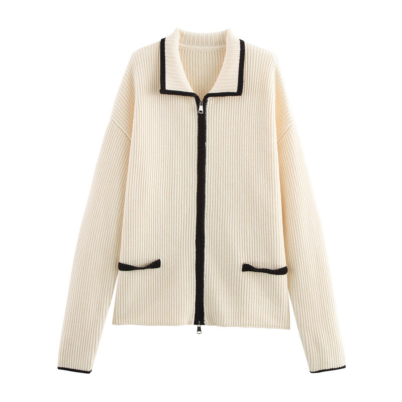 Damen Strickjacke mit elegantem Reißverschluss und Kontrastdetails Amawinc