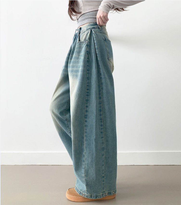 Damen Weite High-Waist Denim-Hose mit Faltenwurf Amawinc