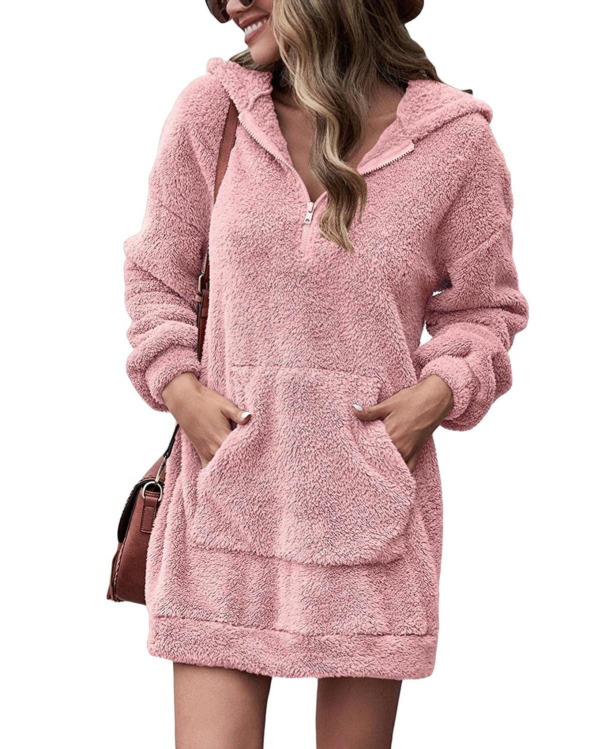 Damen Fleece-Kapuzenkleid mit Taschen und Reißverschluss Amawinc