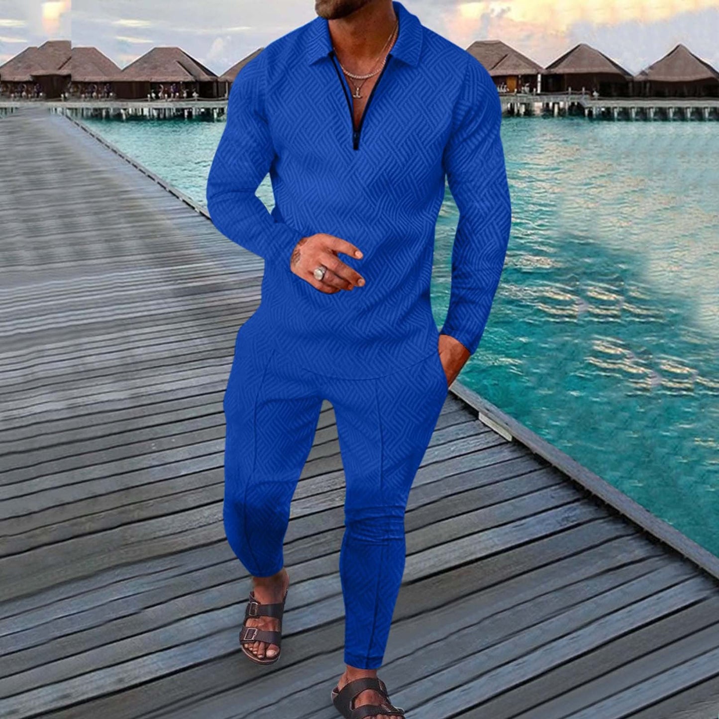 Ensemble Homme Deux Pièces Slim Fit Loisirs Sport Avec Polo À Manches Longues Et Imprimé 3D Respirant Par Amawinc