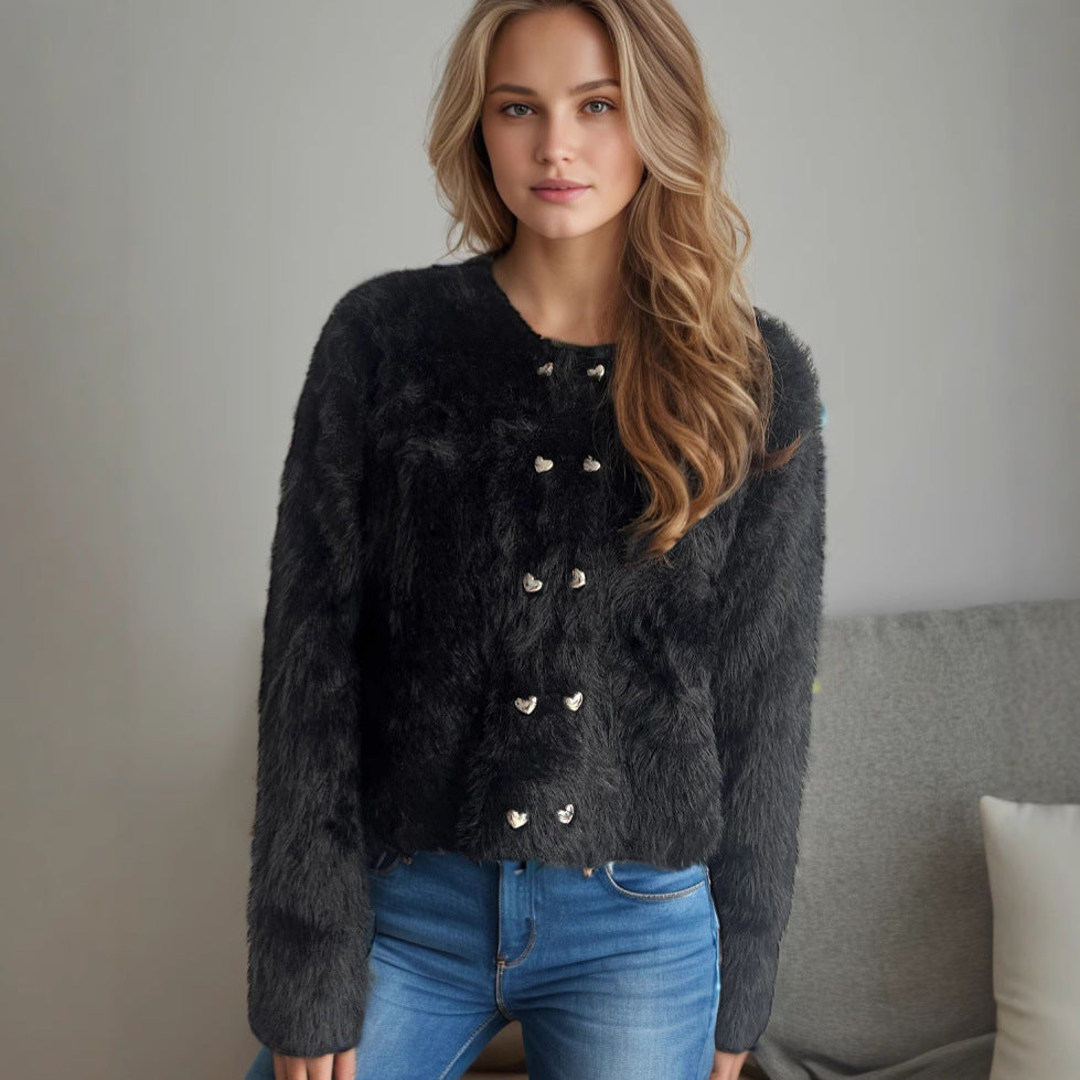 Damen flauschige Strickjacke mit herzförmigen Knöpfen und lockerer Passform Amawinc