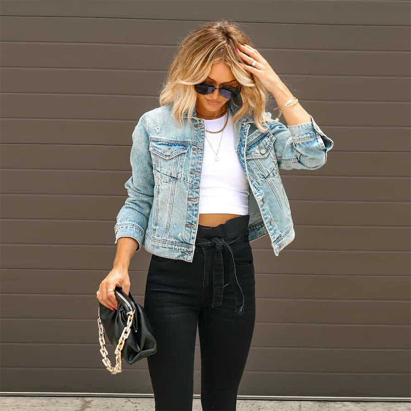 Damen Court Denimjacke im lässigen cropped Stil mit Fransendetails Amawinc