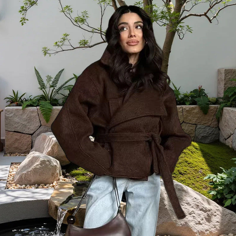 Damen Oversized Wollmantel mit Gürtel Amawinc