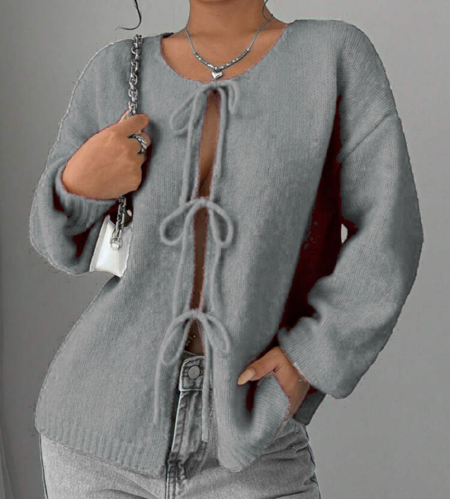 Damen Oversized Strickpullover mit dekorativem Schnürdetail Amawinc