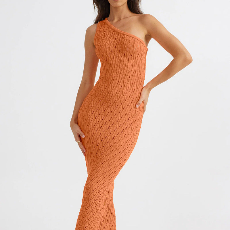 Robe Femme Épaules Asymétriques Moulante En Maille Ouverte Longueur Cheville Élégante