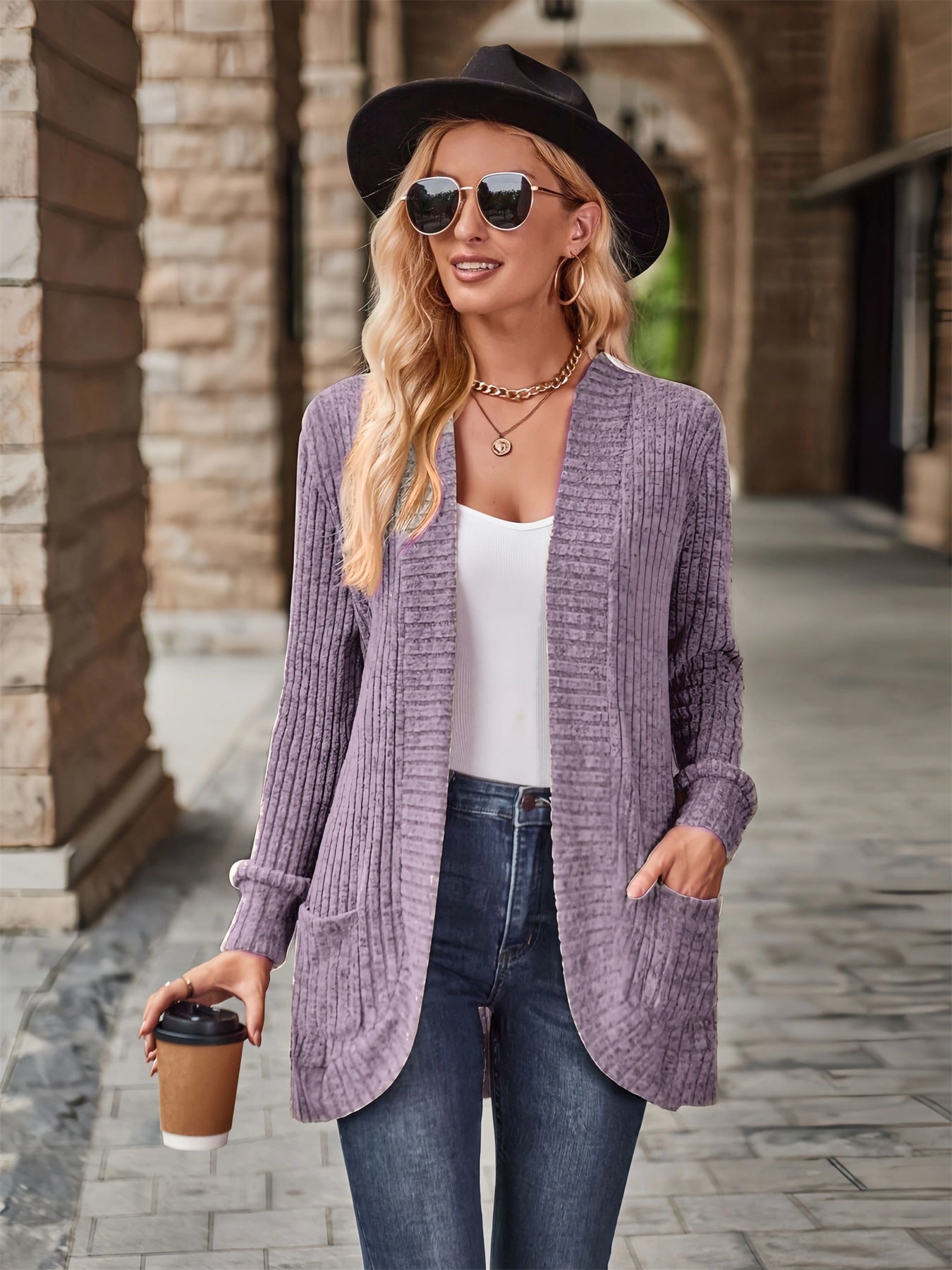 Damen offene Strickjacke mit strukturierter Oberfläche und praktischen Taschen Amawinc