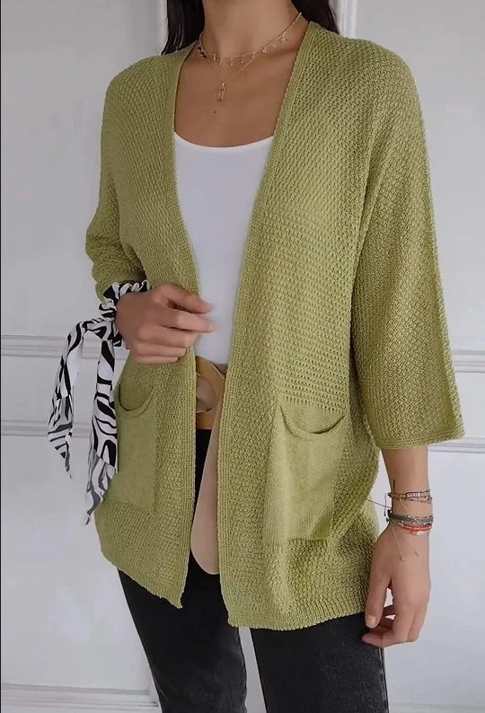 Damen lässige Strickjacke mit offener Vorderseite und praktischen Taschen Amawinc