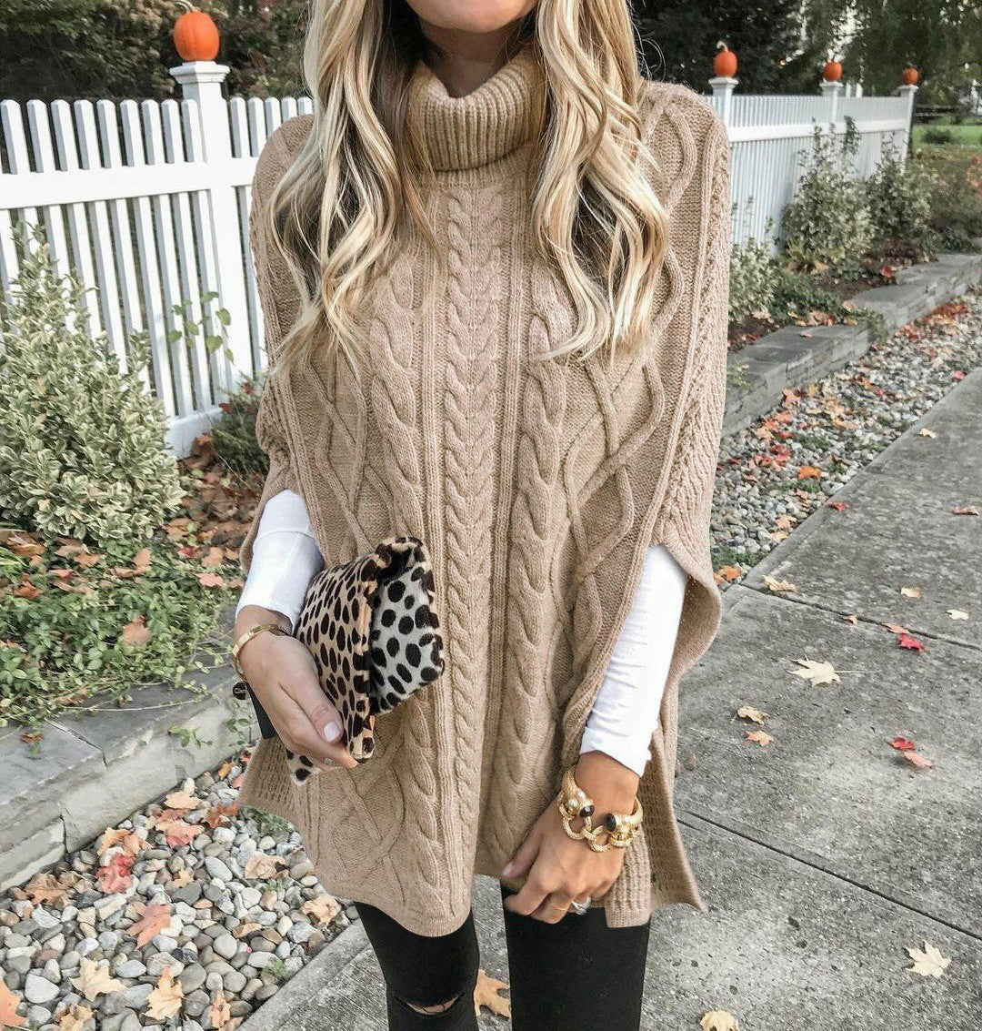 Damen Strickponcho mit hochschließendem Kragen und klassischem Kabelmuster Amawinc