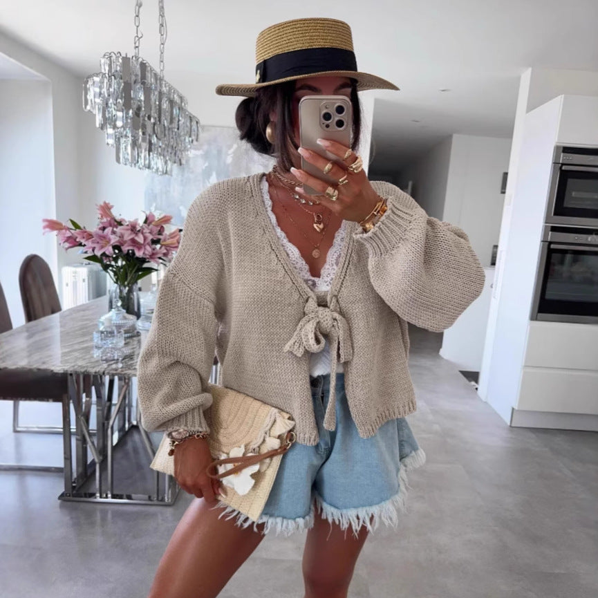 Damen lässige Strickjacke mit Bindeverschluss und weiten Ärmeln Amawinc