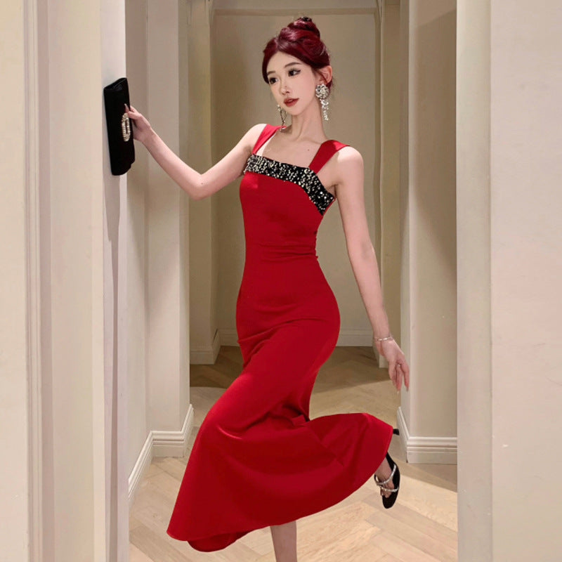 Fudus Trägerkleid mit Patchwork-Pailletten und quadratischem Ausschnitt