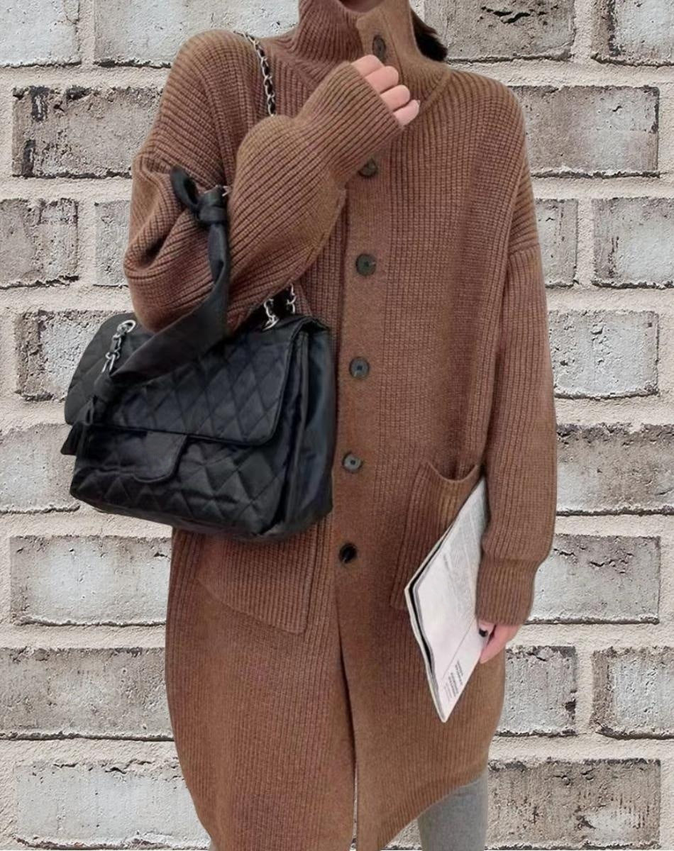 Damen Länger geschnittener Strickcardigan mit Knopfverschluss und aufgesetzten Taschen Amawinc