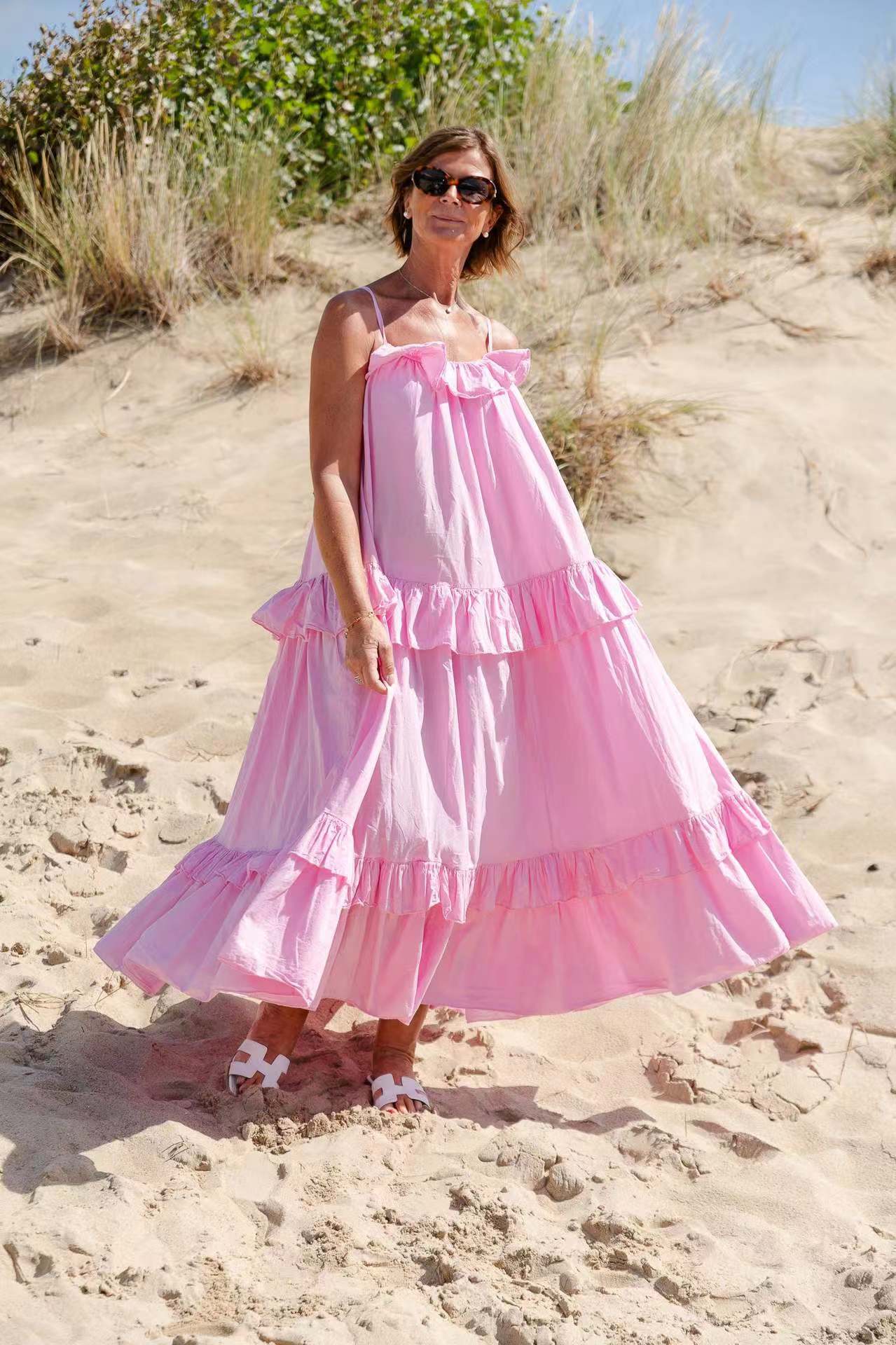 Robe Maxi Femme Fluide En Mélange De Coton Col À Volants Jupe En Couches Pour Été Vacances Élégante Amawinc