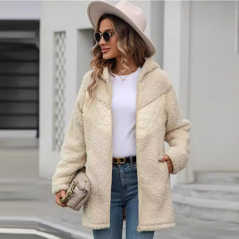 Damen Oversized Teddyjacke mit Kapuze und praktischen Taschen Amawinc