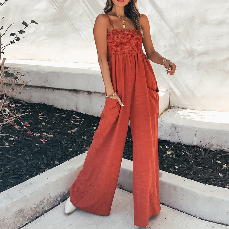 Combinaison Femme Décontractée Avec Bretelles Spaghetti Corsage Ruché Longueur Cheville Tissu Léger Respirant Avec Poches
