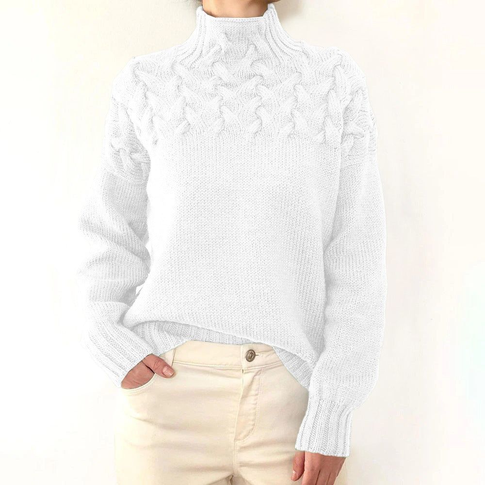 Damen Strickpullover mit hochgeschlossenem Kragen und trendigem Zopfmuster Amawinc