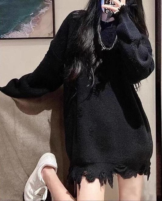 Damen Oversized Strickkleid mit fransigem Saum Amawinc