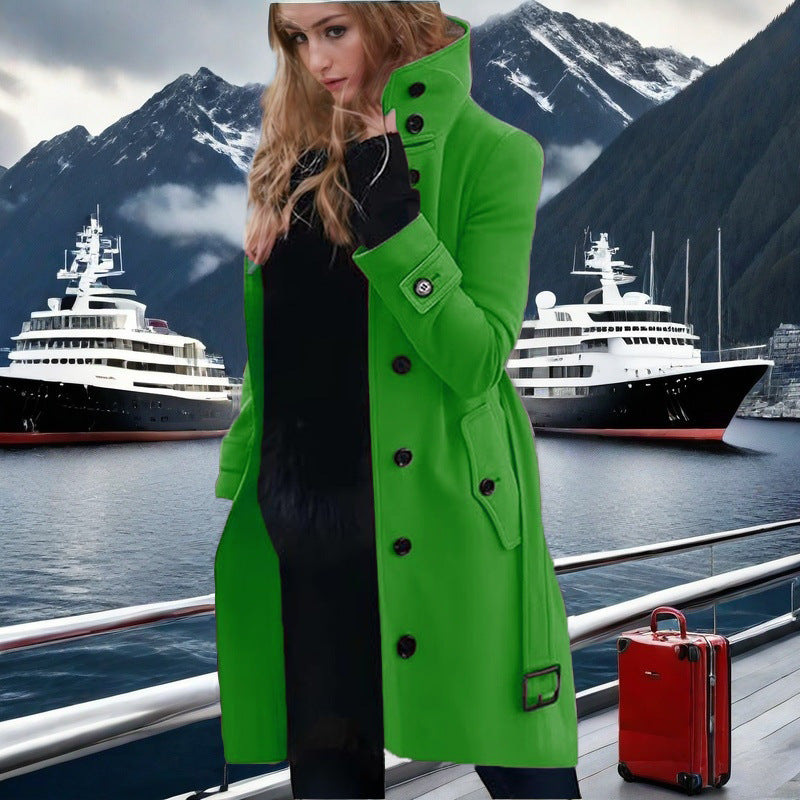 Damen eleganter Trenchcoat mit hohem Kragen und doppelter Knopfleiste Amawinc