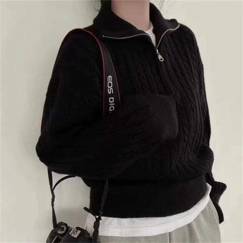 Damen kuscheliger Strickpullover mit hochschließendem Kragen und Zipper Amawinc