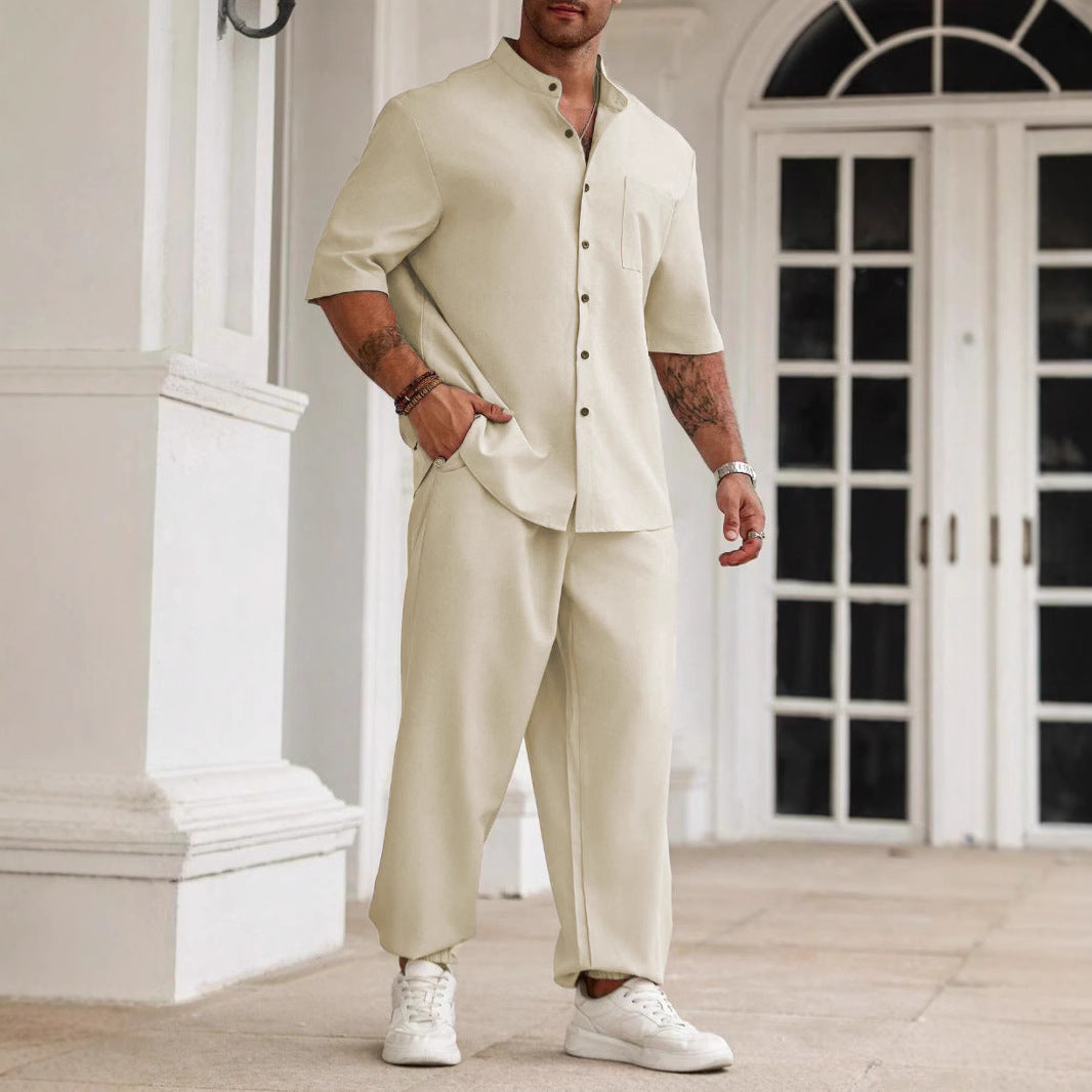 Ensemble Homme 2 Pièces Chemise Manches Courtes Et Pantalon Coton Lin Coupe Décontractée Nordic Flair