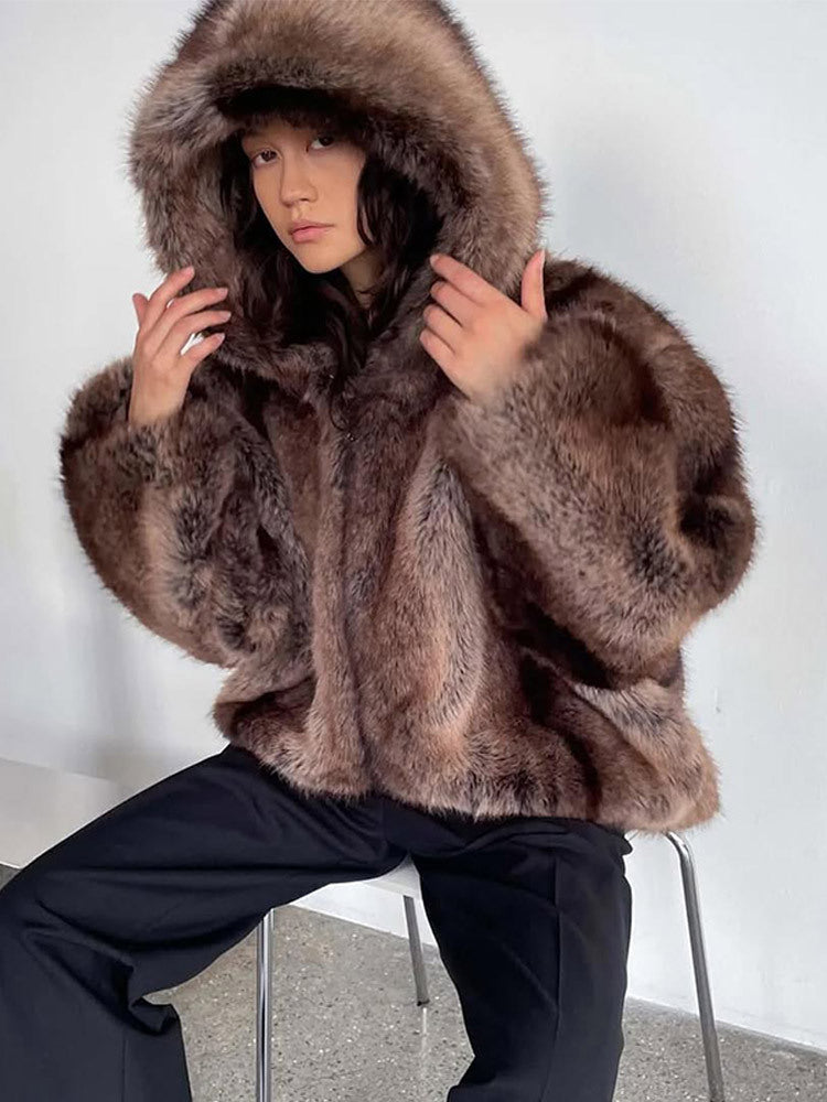 Damen Kuschelige Kunstpelzjacke mit Kapuze Amawinc