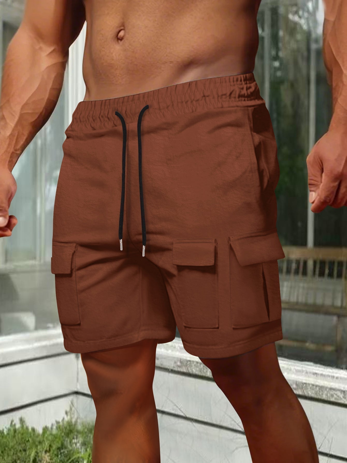 Shorts Cargo Homme Olive Coupe Décontractée Respirant Mélange Coton Élastique Poches Utilitaires