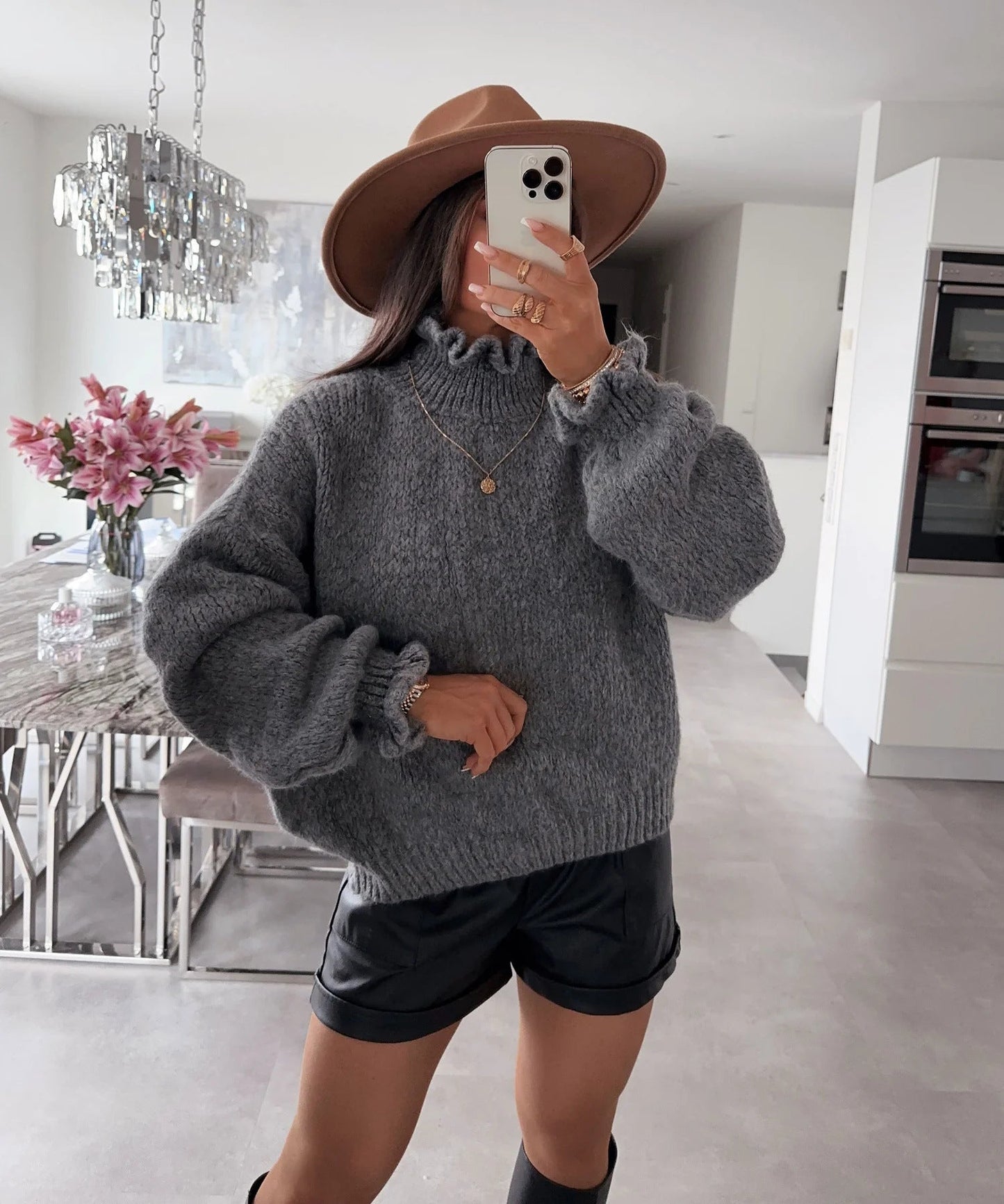 Damen kuscheliger Rollkragenpullover mit weiten Ärmeln und strukturellem Design Amawinc