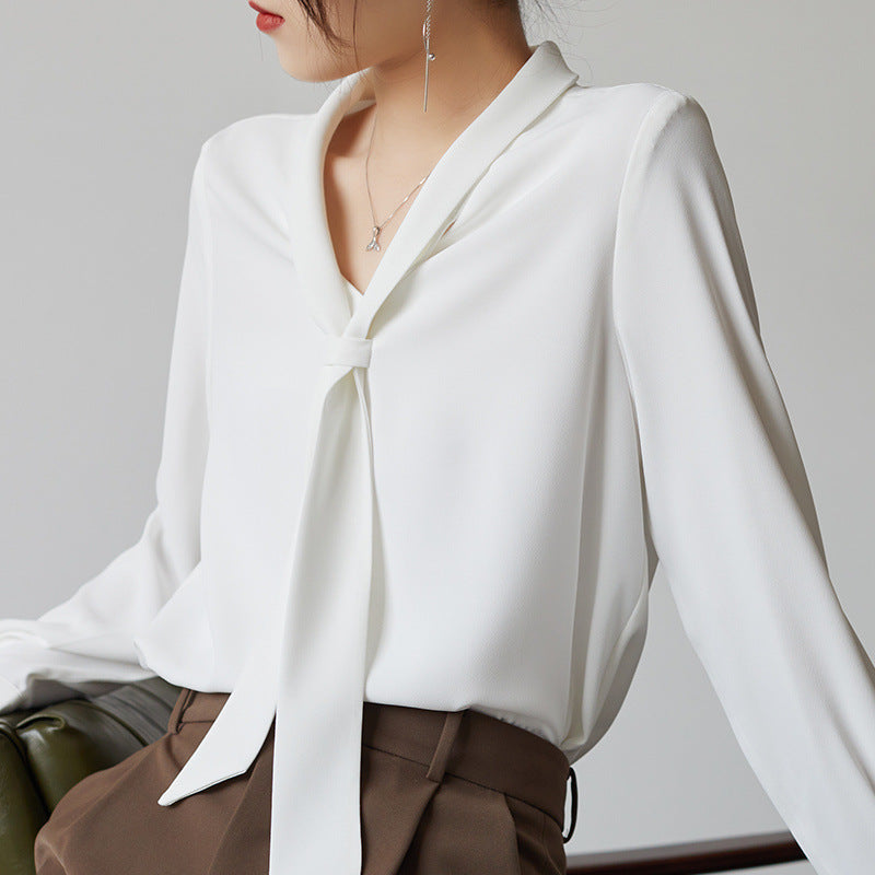 Blouse en Chiffon à Nœud Papillon Drapé et Col en V Pour Élégance Professionnelle Lavage en Machine