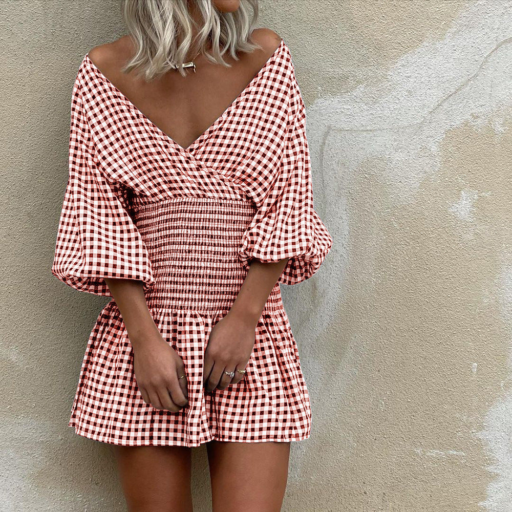 Robe Courte Femme Mélange Coton Col V Manches Bouffantes Taille Smockée Motif Gingham