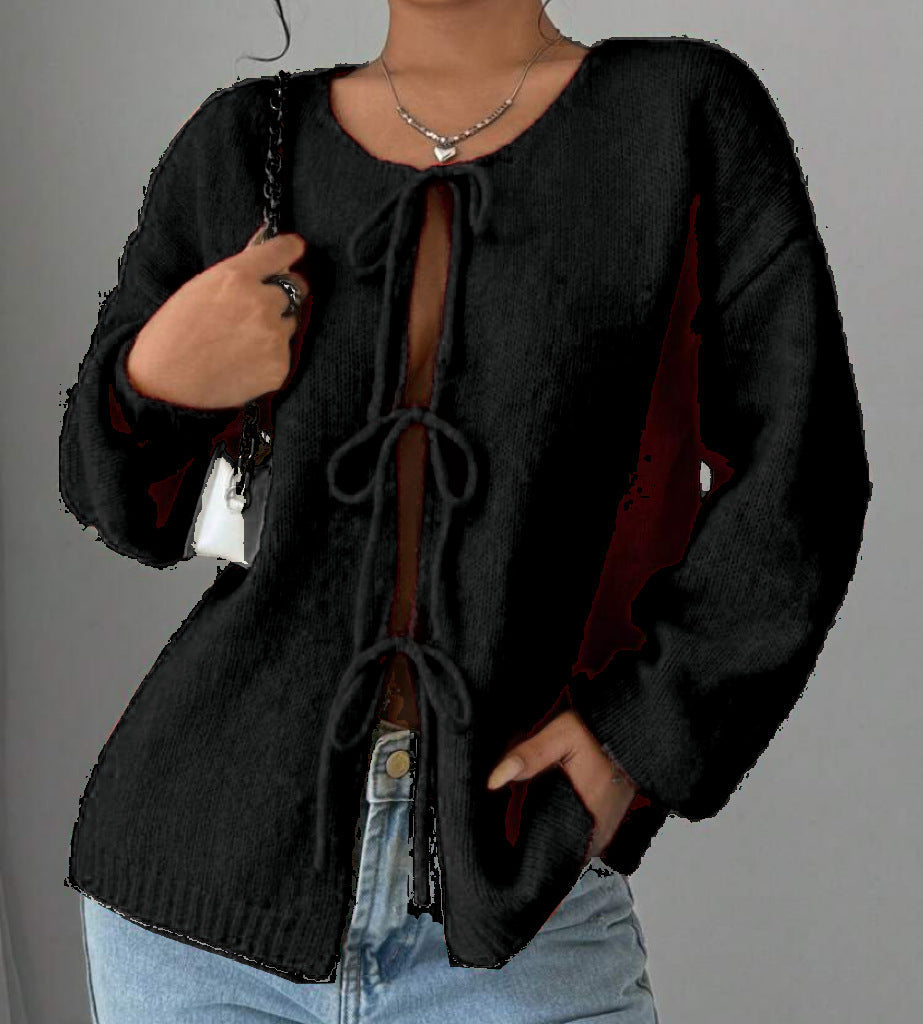 Damen Oversized Strickpullover mit dekorativem Schnürdetail Amawinc