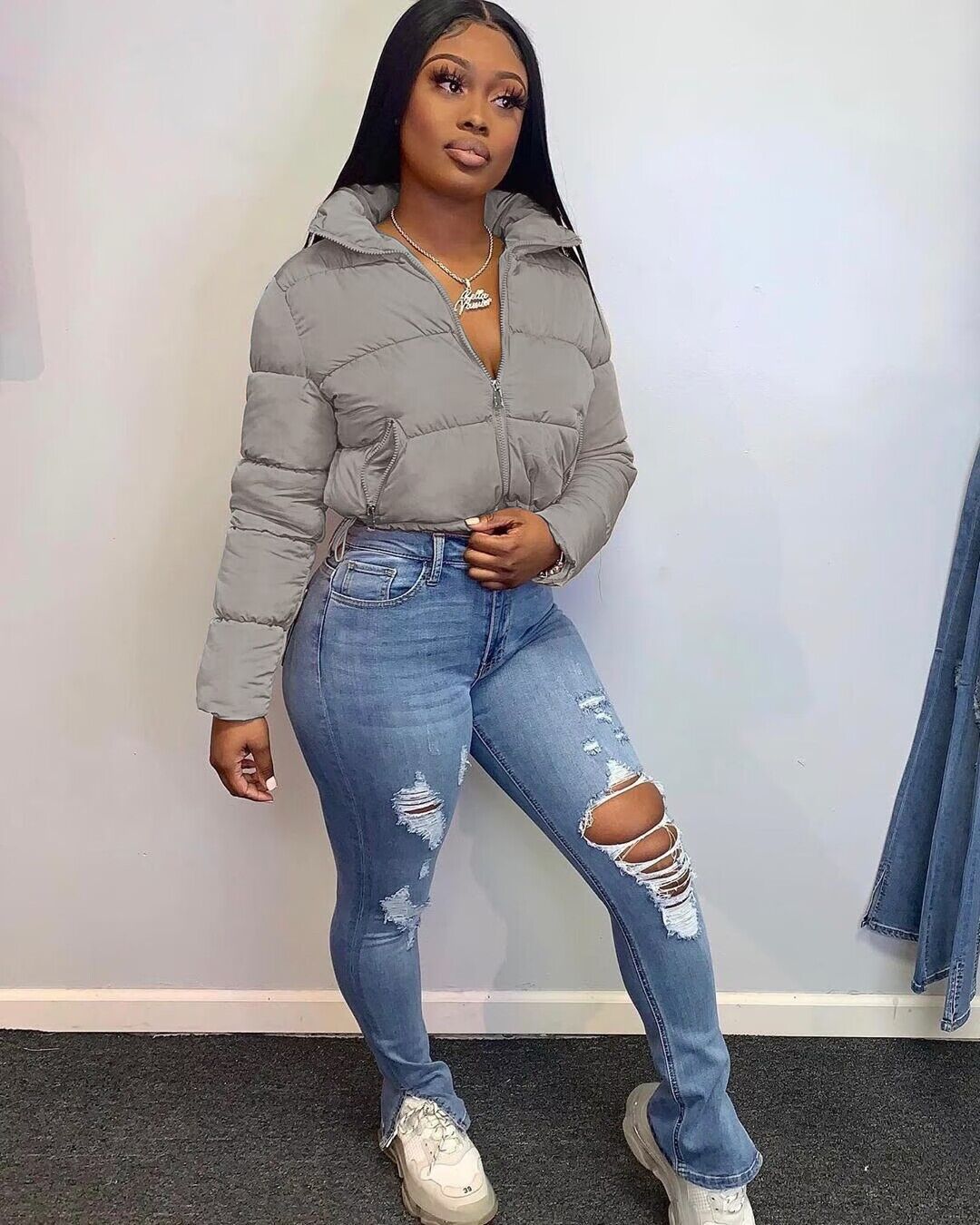 Damen modische Bomberjacke mit kurzem Schnitt und Steppdesign Amawinc