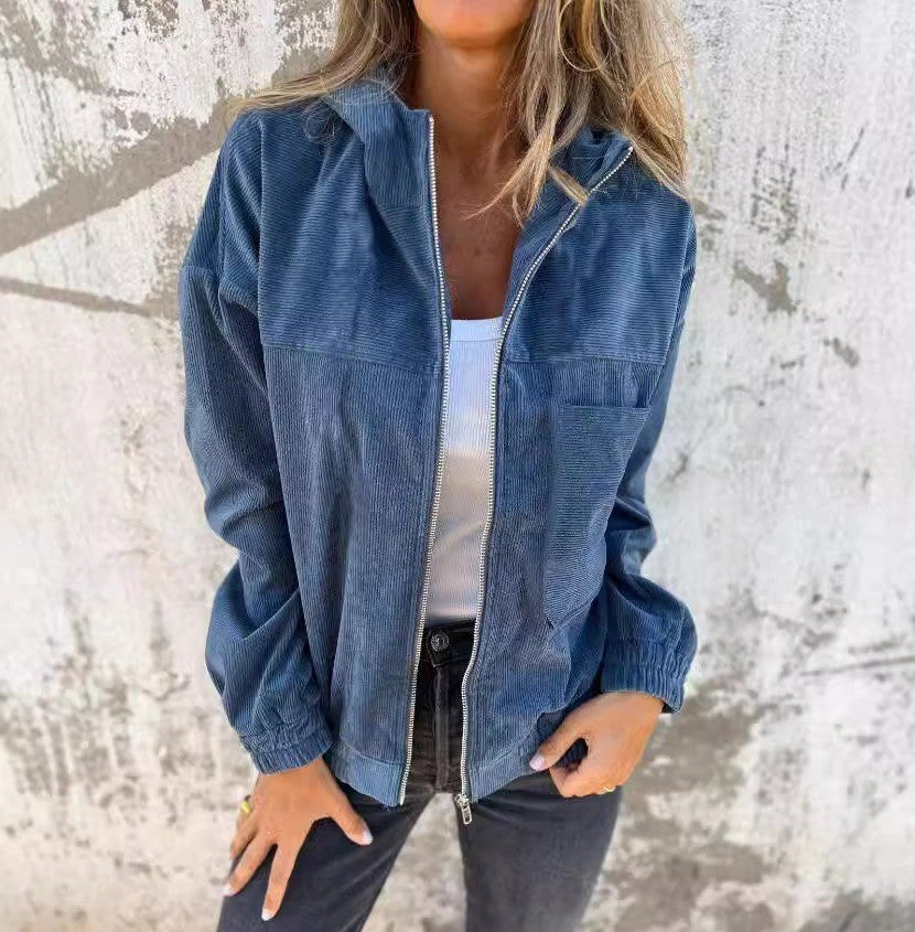 Damen lässige Cordjacke mit praktischen Taschen und elegantem Reißverschluss Amawinc