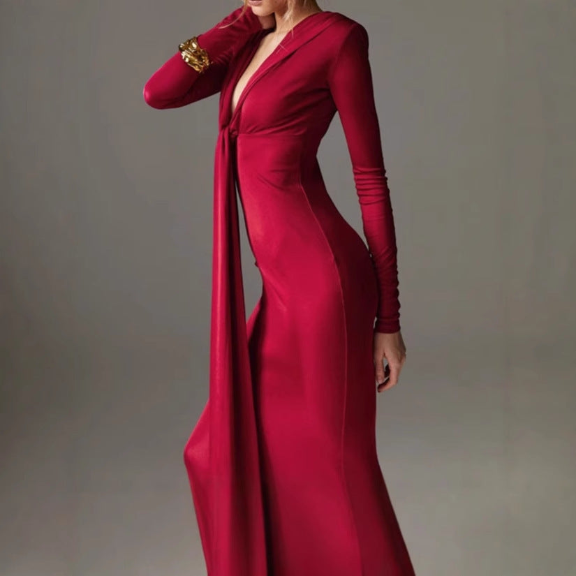 Damen Elegantes Langarm-Maxi-Kleid mit raffiniertem Knoten-Detail und figurformendem Design Amawinc