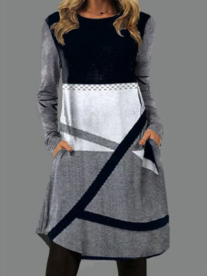 Fudus modisches Rundhals-Langarm-Kleid mit Tasche und Print