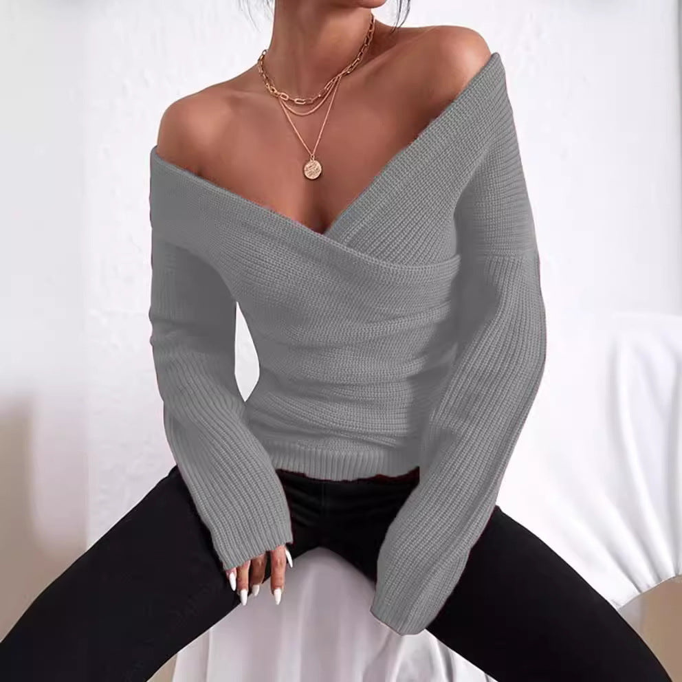 Pull Femme Coupe Slim Maille Côtelée Épaule Dénudée Encolure Cache Coeur En V Manche Longue Élégant Style Urbain