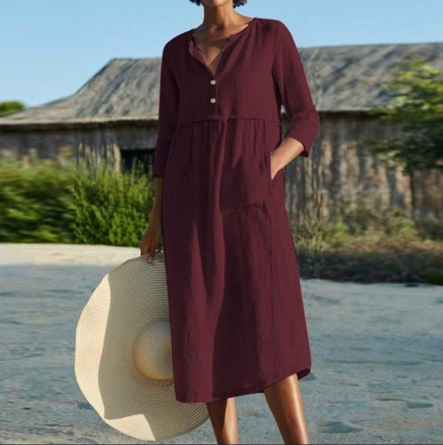 Fudus Baumwoll-Leinen Kleid mit mittel langen Ärmeln