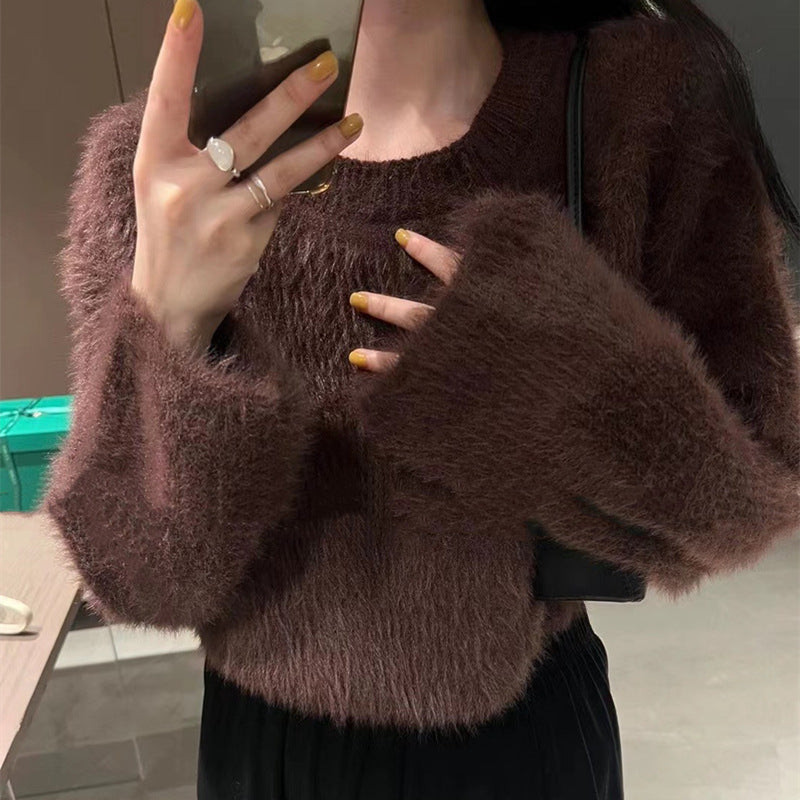 Damen modischer cropped Pullover mit weichem Flausch-Material Amawinc